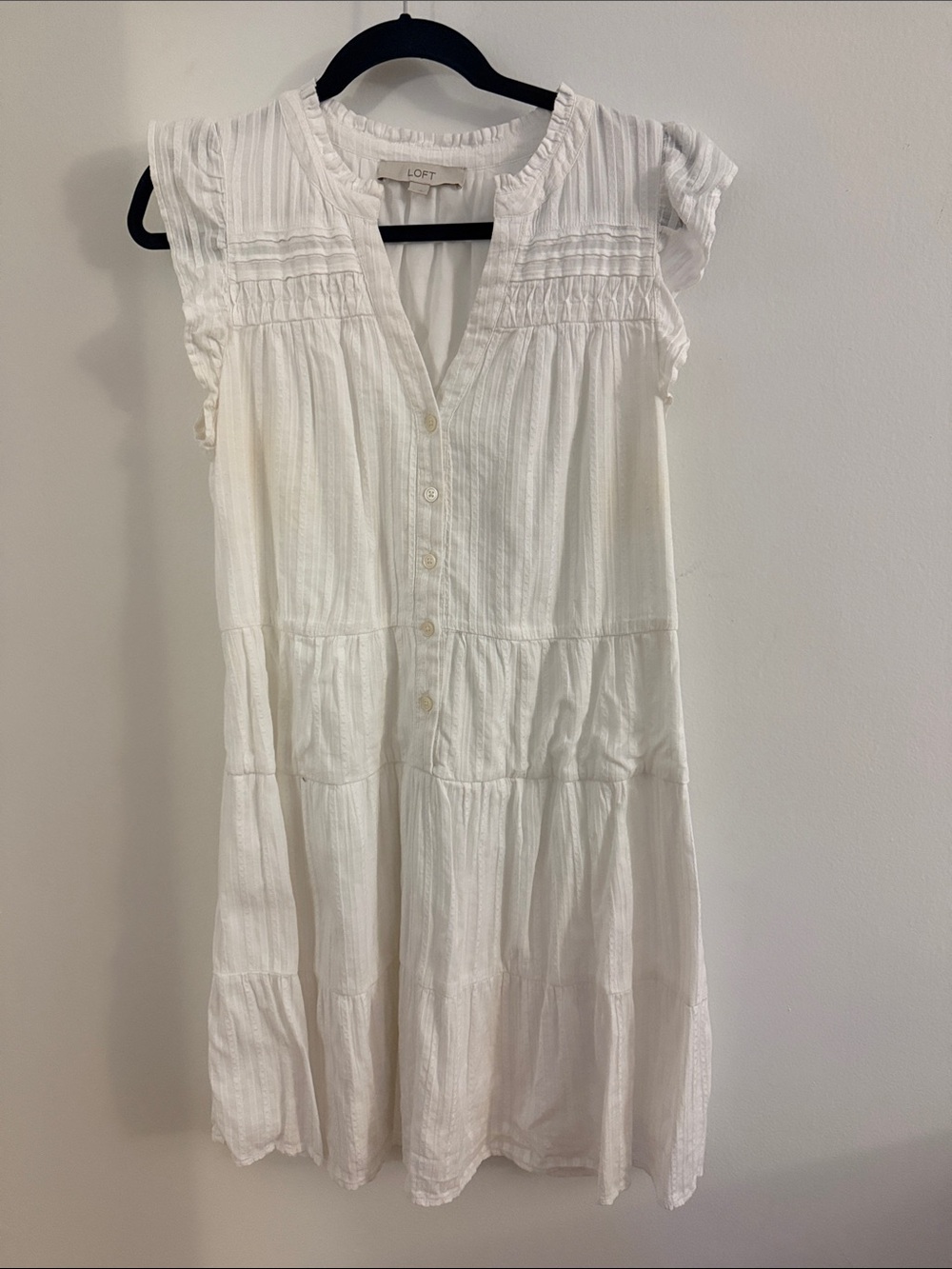 LOFT White Tiered Button-Front Midi Dress